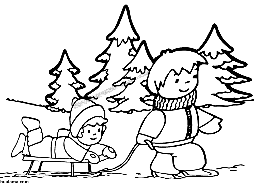 9款冬天戴着围巾 玩雪橇 滑雪车 堆雪人在雪地里玩耍简笔画图片